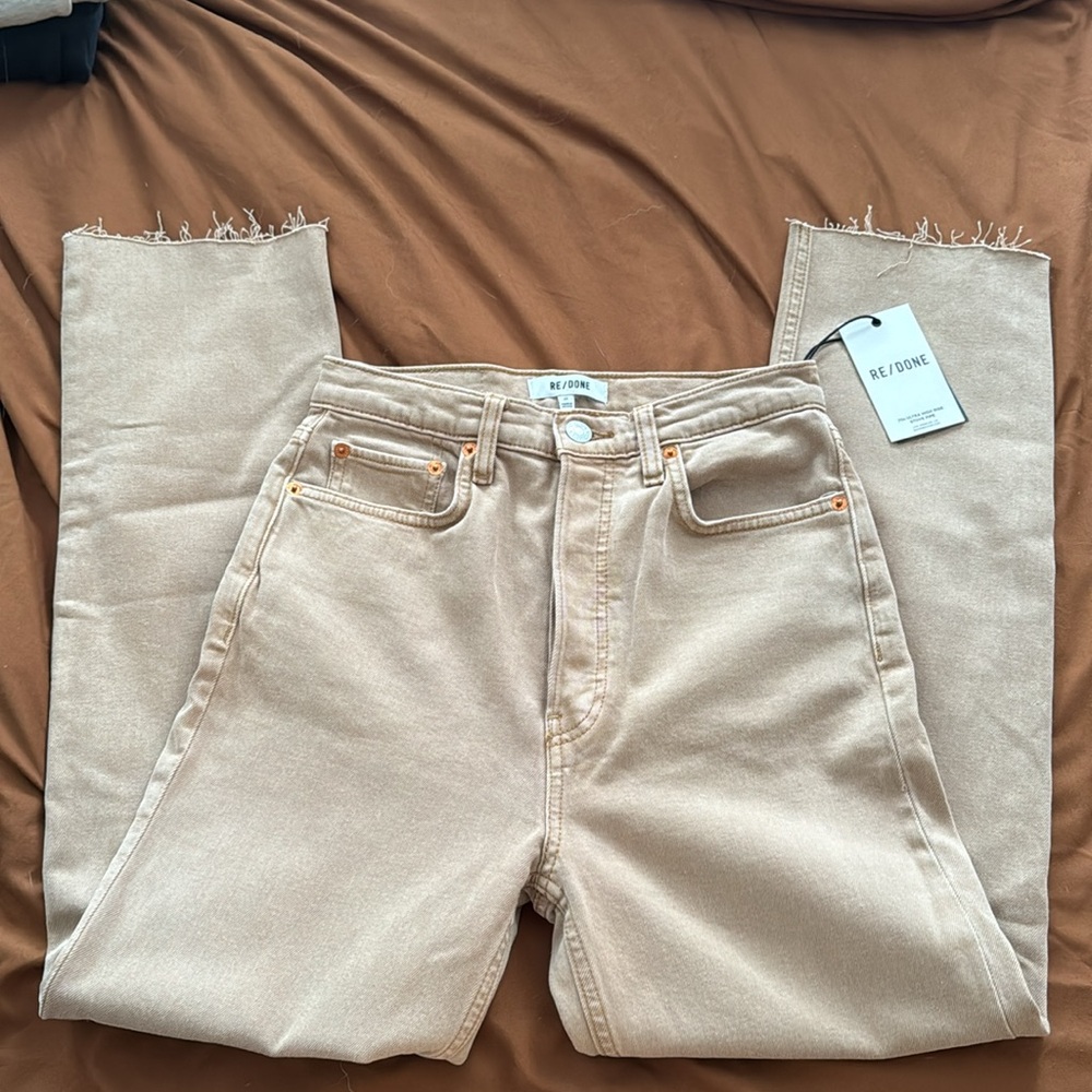RE / DONE washed khaki 70s ultra high rise stove pipe